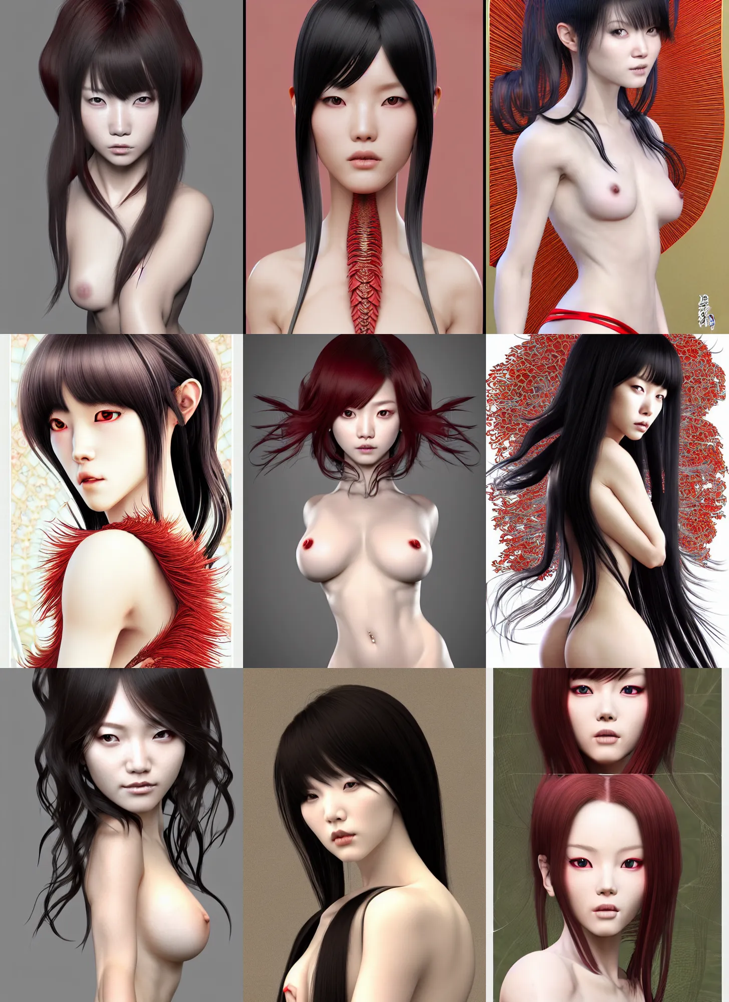 Prompt: full length complex 3 d hyper realistic smooth ultra sharp render of a gorgeous female | red scaly skin | short white!!! hair!!! long bangs | solid black pupils!! | art by oh jinwook + 吵 集 仁 儿 on artstaion + takeshi obata + alphonse mucha + jim lee