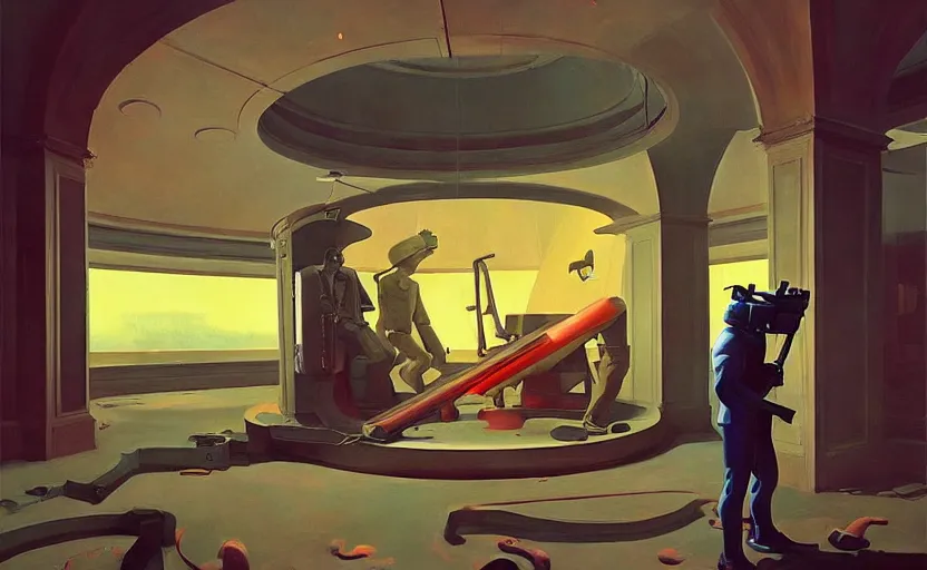 Prompt: inside a time machine portal to the battlefield, very coherent, painted by Edward Hopper, Wayne Barlowe, painted by James Gilleard, airbrush, art by JamesJean