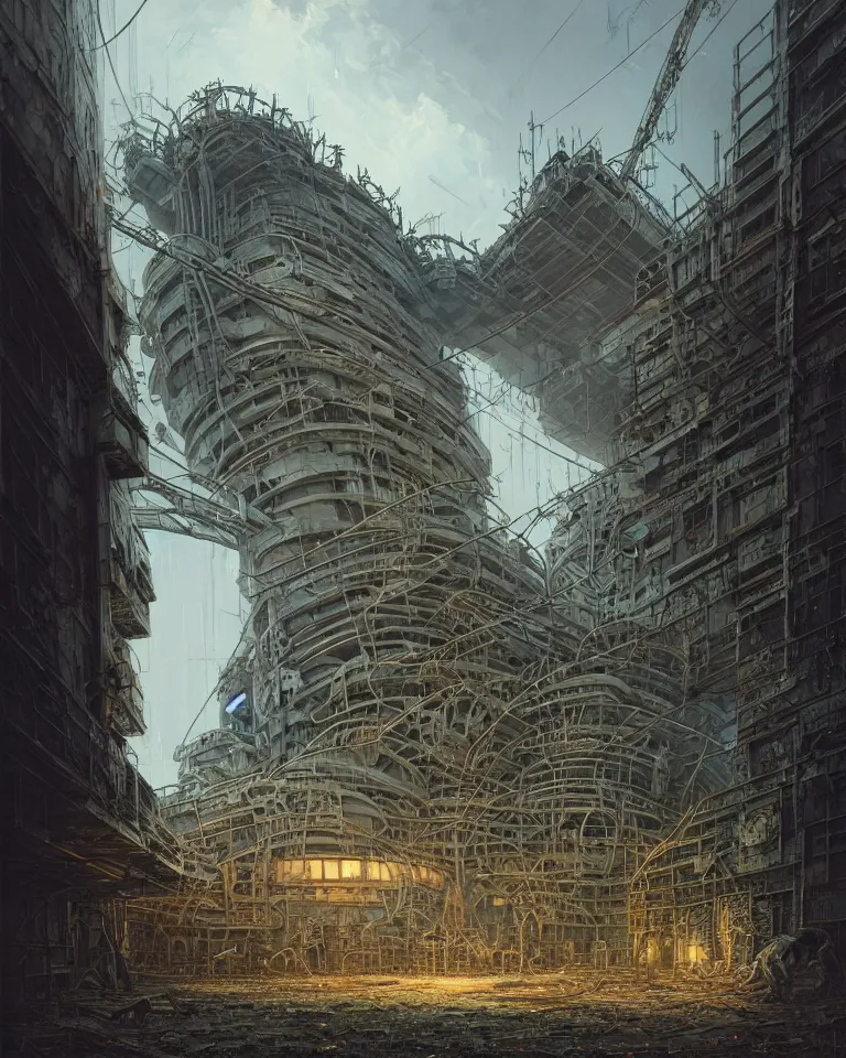 Image similar to low angle shot of a cyberpunk robot building in chernobyl, intricate, elegant, highly detailed, centered, digital painting, artstation, concept art, smooth, sharp focus, illustration, artgerm, tomasz alen kopera, peter mohrbacher, donato giancola, joseph christian leyendecker, wlop, boris vallejo