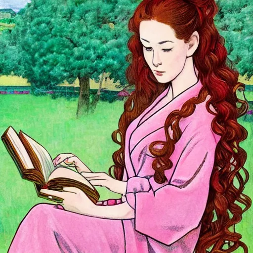 Image similar to beautiful ittle girl with long curly red hair dressed in a pink kimono and sitting next to a tree while reading a book, artwork made in western comic art style inspired in balthus, anatomically correct, higher details