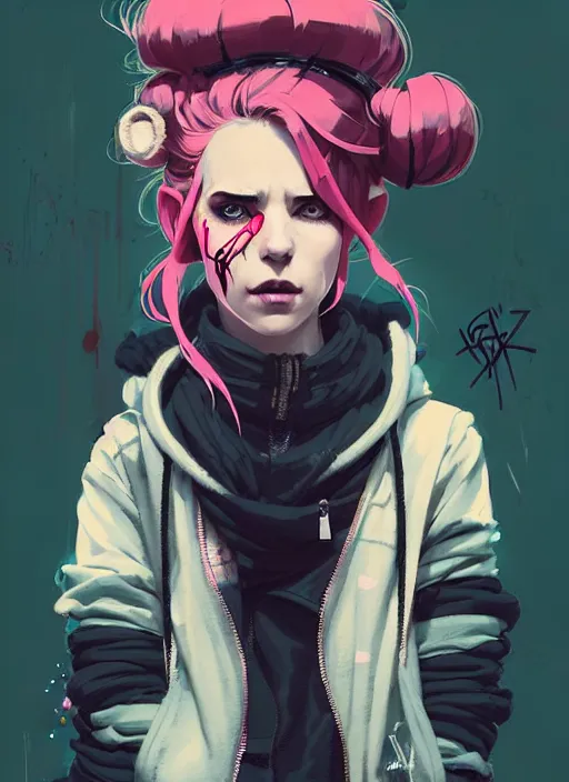 Image similar to highly detailed portrait of a sewer punk lady, tartan hoody, blonde ringlet hair by atey ghailan, by greg rutkowski, by greg tocchini, by james gilleard, by joe fenton, by kaethe butcher, gradient magenta, black, blonde cream and white color scheme, grunge aesthetic!!! ( ( graffiti tag wall background ) )