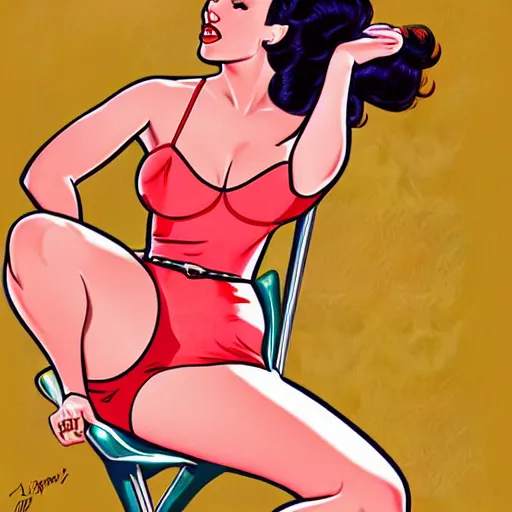 Image similar to a retro pinup illustration of megan fox in the style of alberto vargas and in the style of loish.