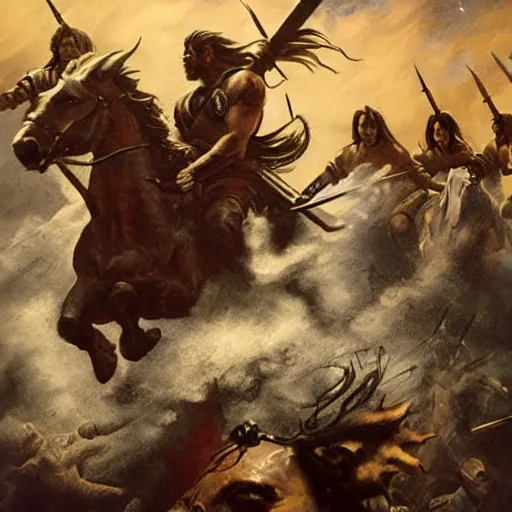 Prompt: dothraki horde riding into heaven, ultra detailed, frank frazetta style, starry background