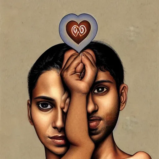 Image similar to perfectly centered symmetrical split male and female portrait of young indian man and woman in love sharing one heart. illustration, highly detailed, simple, no jagged lines, smooth, artstation, artwork by mike worrall