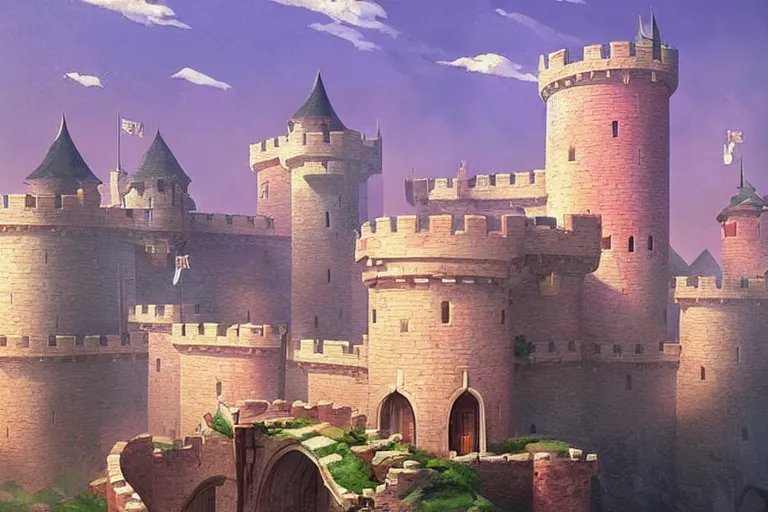 Prompt: Peach\'s castle from Super Mario 64. Very beautiful matte painting by Greg Rutkowski