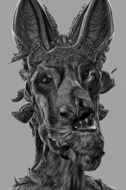 Image similar to Dog as Death Anubis, detailed face, gorgeous, amazing, flowing hair, very muscular plush male body, partial anatomy, stormy background, caesar victorious, proud Emperor, crepuscular ray, intricate, highly detailed, 8K, digital painting, fantasy, artstation, concept art, sharp focus, over-shoulder shot, illustration, art by Wayne Barlowe and alphonse mucha