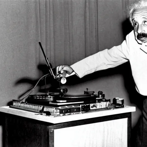 Image similar to photo of Albert Einstein DJing a phonograph, vintage