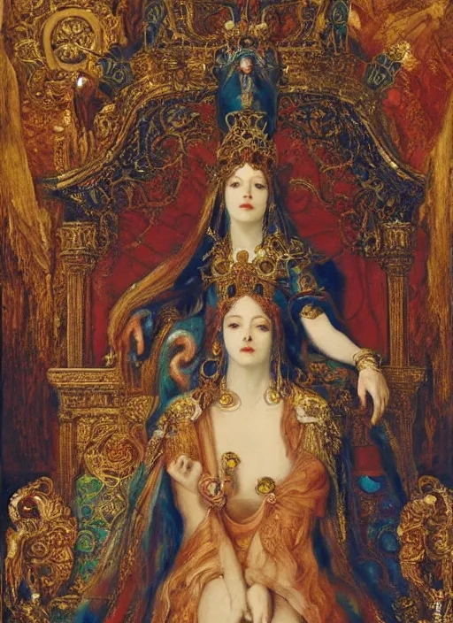 Prompt: oil painting of portait Queen of Ecstasy in a large throne room, Hungarian, by Yoshitaka Amano, by Georgia o Keeffe, by Gustave Moreau