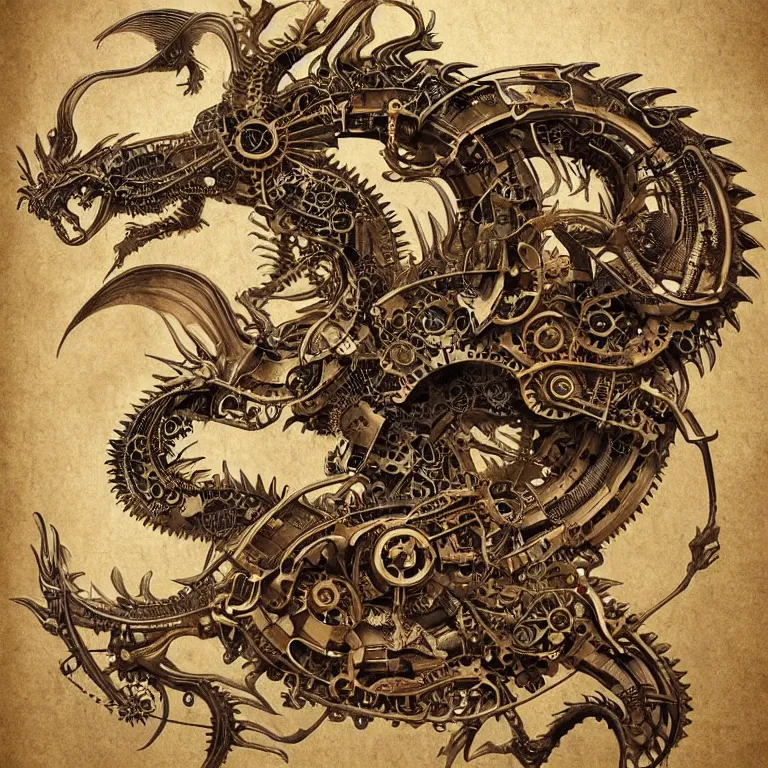 Image similar to ultra realistic illustration of a steampunk mechanical dragon art nouveau filgree scrollwork, masterpiece, sharp