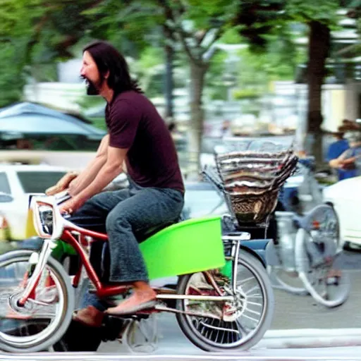 Prompt: Keanu Reeves riding a bike eating ice cream
