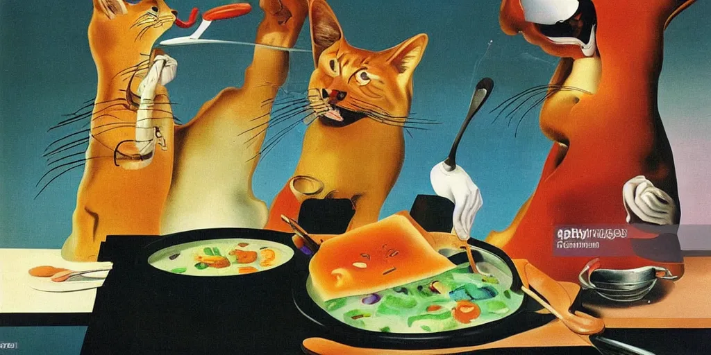 Prompt: anthropomorphic cats chef cooking a delicious colorful soup on TV show, by Salvador Dali