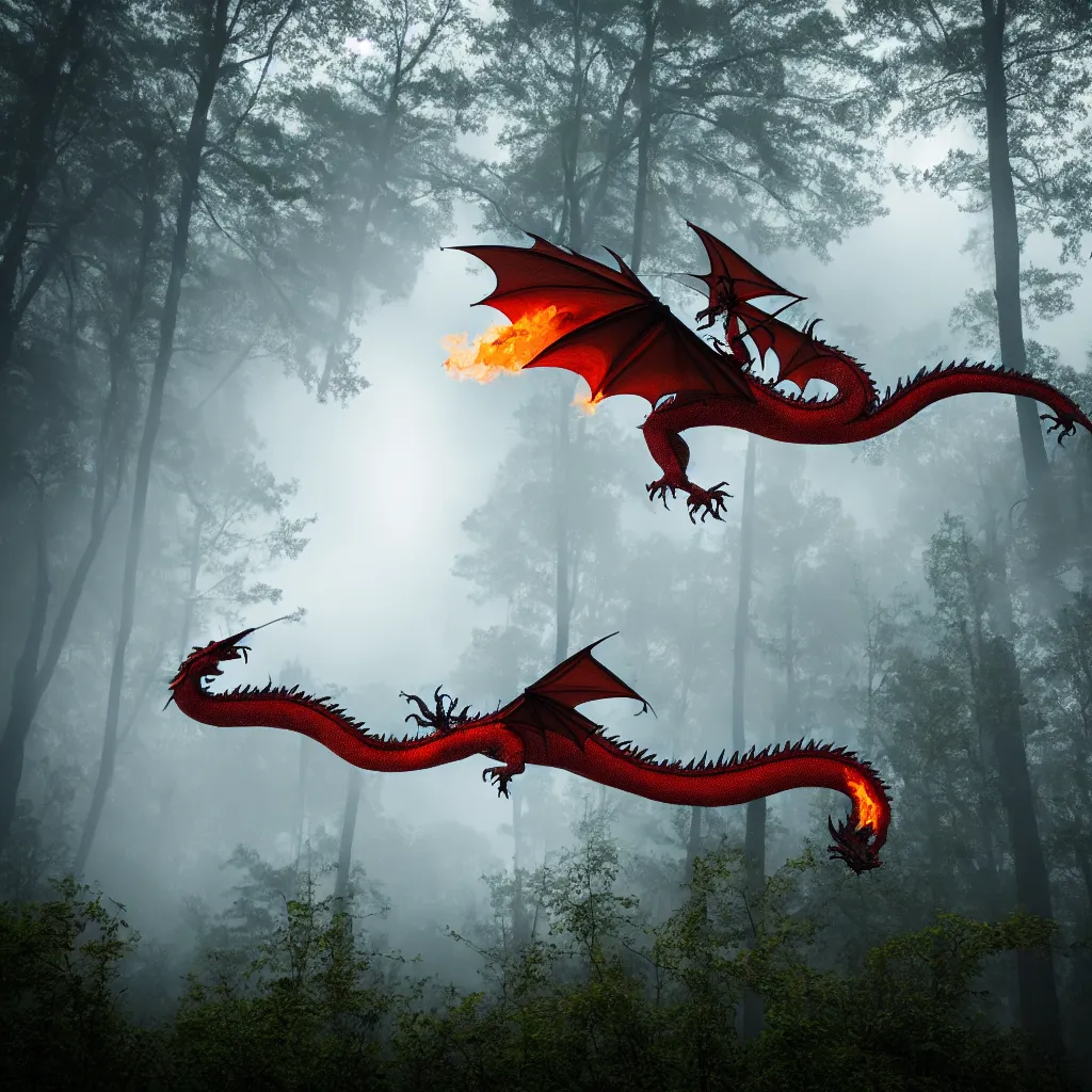 Prompt: fire breathing dragon flying over foggy old forest near small pond, very detailed, 4 k, professional photography