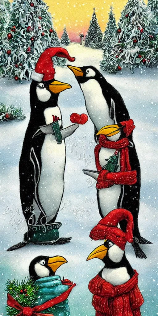 Image similar to a christmas card penguins scene by alexander jansson