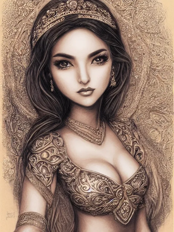 Prompt: An Iranian princess, by artgerm, beautiful, mixed media on toned paper, 2021, very detailed, coffee art