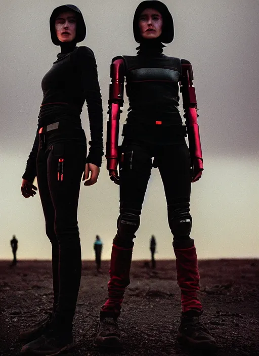 Image similar to cinestill 5 0 d photographic portrait of two loving female androids wearing rugged black techwear on a desolate plain with a red sky, extreme closeup, cyberpunk style, in front of a brutalist dark metal facility, dust storm, 8 k, hd, high resolution, 3 5 mm, f / 3 2, ultra realistic faces, ex machina