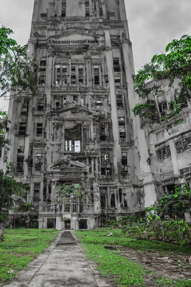 Prompt: a portrait of an abandoned de la salle university in the manila campus