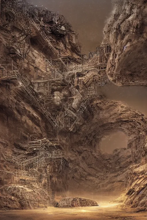 Image similar to industrial minning entrance in a quarry in the middle of the desert of Mars planet at night dust storm concept art by yoshitaka amano and H.R. Giger, intricate detail, 8k, featured art