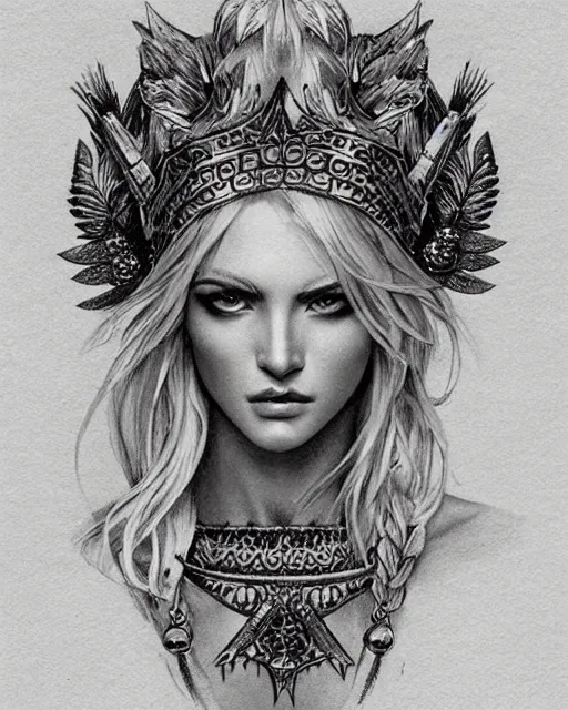 Image similar to tattoo sketch of blonde super model aphrodite greek goddess wearing a gold laurel wreath and triangle earrings, beautiful piercing gaze with sharp pupils, in the style of greg rutkowski, fantasy, amazing detail, epic, elegant, smooth, sharp focus, front view