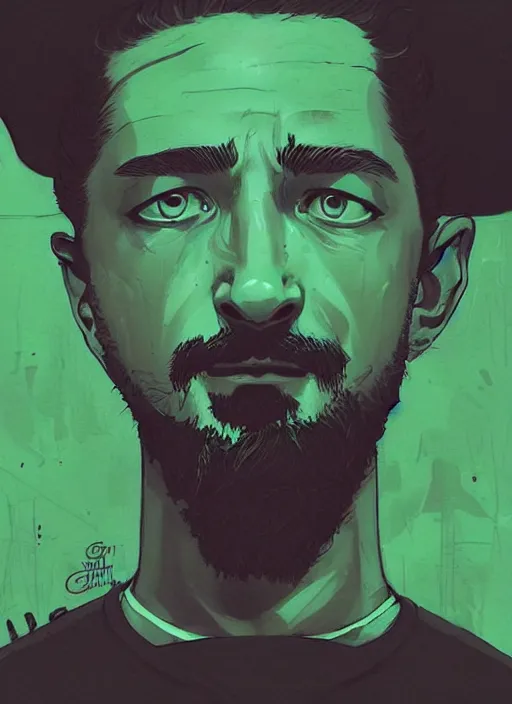 Image similar to highly detailed closeup portrait of creepy staring shia lebouf with motivational text by atey ghailan, by greg rutkowski, by greg tocchini, by james gilleard, by joe fenton, by kaethe butcher, gradient green, black and white color scheme, grunge aesthetic!!! ( ( graffiti tag wall background ) )