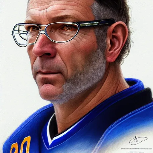 Image similar to beautiful portrait of hockey coach Clint Malarchuk, fantasy, intricate, elegant, highly detailed, digital painting, artstation, concept art, smooth, sharp focus, luxury fashion illustration, art by artgerm and greg rutkowski and alphonse mucha, brightly lit cinematic soft lighting, photorealistic