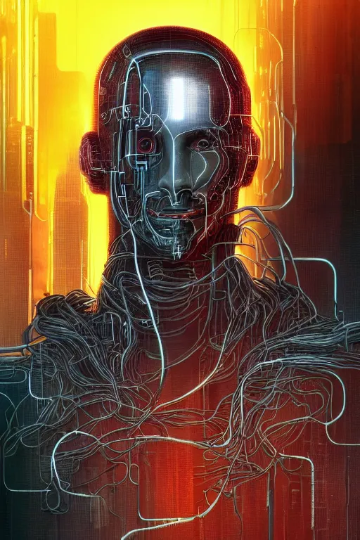 Image similar to head and shoulders render of man cyberpunk face ((single_glowing_red_eye red_emissives!)) android face mecha, inhuman creepy intimidating, exposed cable bundle. intricate wiring and black circuit board detailed. Tom Bagshaw and Greg Rutkowski and Alphonse Mucha Bladerunner 2049 artstation trending 165mm