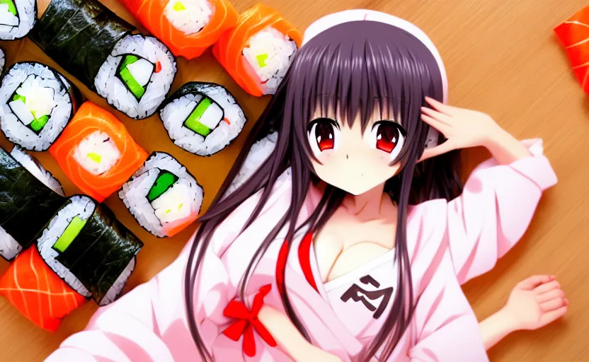 Prompt: very cute anime girl that is rolled up in a big piece of sushi, head sticking out of a sushi roll, nori, full body shot, cinematic wallpaper, highly detailed, clear, sharp, 4 k, 8 k