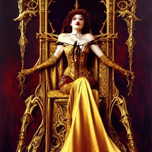 Image similar to full body portrait of beautiful vampire queen in gold gothic robes sitting on a throne of bones, elegant, highly detailed painting by gaston bussiere, craig mullins, j. c. leyendecker, 8 k, mid shot