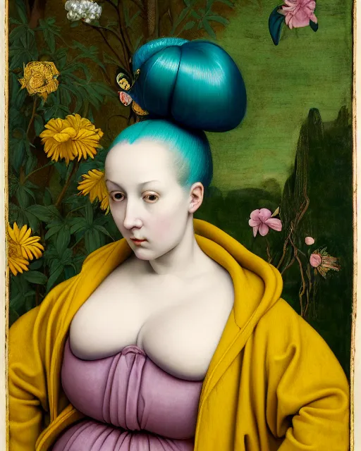 Prompt: portrait of a pale curvy woman with green blue hair buns, wearing a yellow hoodie, standing in a botanical garden, intricate details, high detail, in a high renaissance style, in the style of jacopo da pontormo, by mark ryden, punk, asian art,