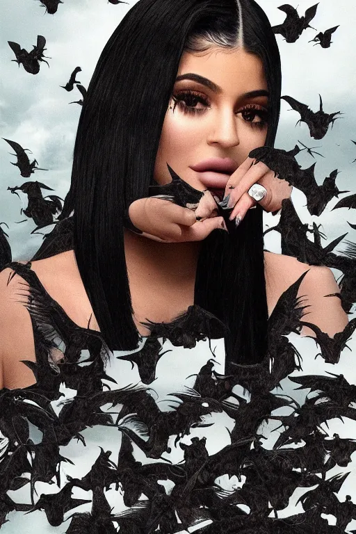 Image similar to kylie jenner in an apocalyptic world surrounded by bats