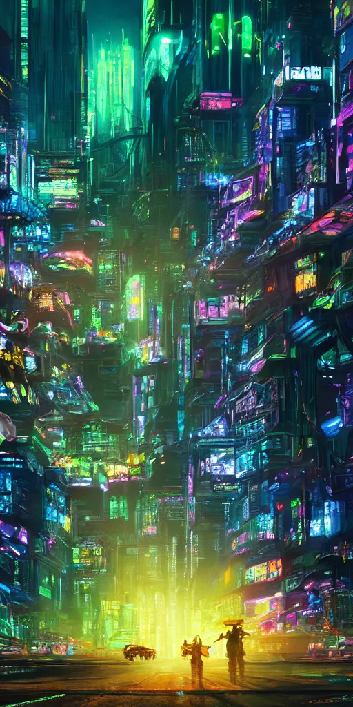 Image similar to a beautiful painting of a lush cyberpunk city with a single dinosaur grazing in the foreground by ridley scott, vivid colours, cinematic lighting, fine details, 8 k | | digital artwork made by greg rutswork, anna dittmann and lois van barlee, symmetrical neon rim light, anatomically correct