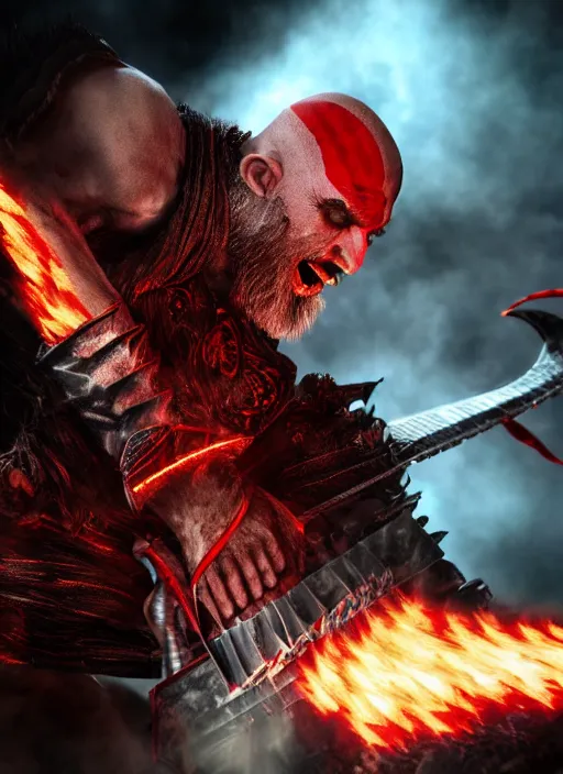 Prompt: red facial stripe armored screaming kratos rocking hard on a flaming stratocaster guitar, cinematic render, god of war 2 0 1 8, playstation studios official media, lightning, flames, clear, coherent, guitar, guitar, flames, guitar