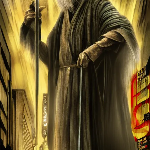 Prompt: gandalf in the style of blade runner movie poster