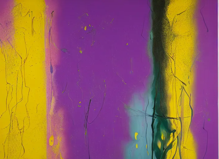 Prompt: minimalistic abstract painting in shape of waterfall, in purple, yellow, dark green, beige, by hernan bas and pat steir and hilma af klint, psychological, photorealistic, dripping paint, washy brush, oil on canvas, rendered in octane, altermodern, masterpiece