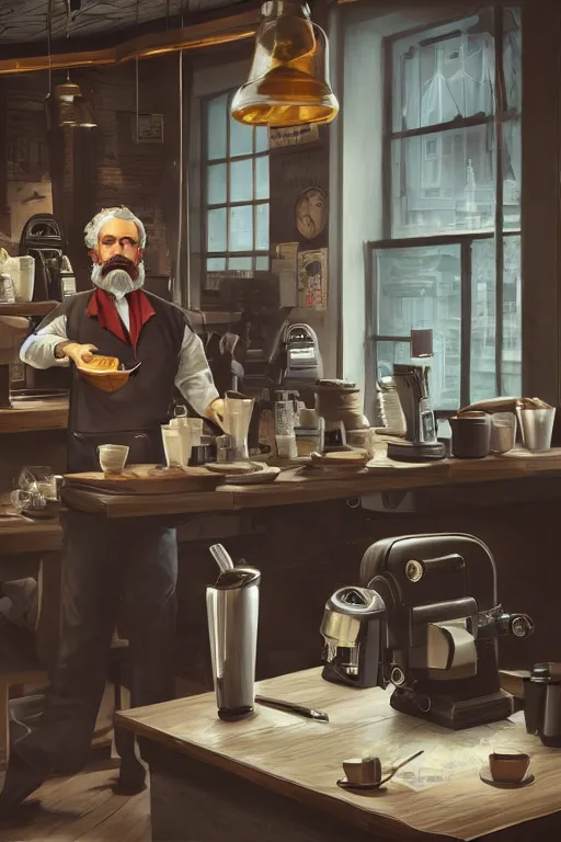 Prompt: Karl Marx working as a Starbucks Barista, hyperrealistic, concept art, octane render, unreal engine 5, trending on DeviantArt, highly detailed, high quality, 8K, soft lighting, cute, natural lighting, realistic face, trending on Artstation, elegant clothes, profile picture, path traced, house background