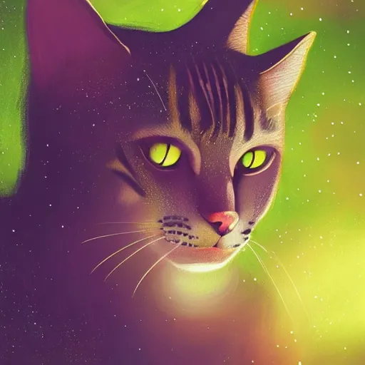 Image similar to portrait of a cat in a forest at night with fireflies, trending on artstation, furry art, by kawacy, night lighting, digital art, dreamy, bokeh