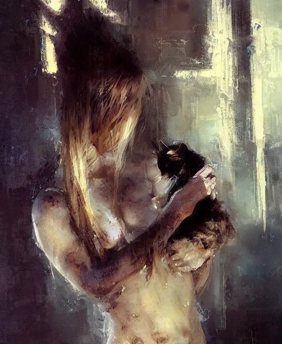 Image similar to blonde greek warrior holding a cat by jeremy mann