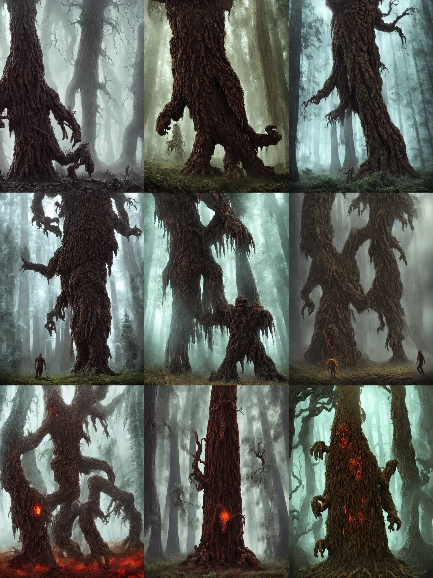 Prompt: Vengeful humanoid redwood tree-monster, burly, walking, deforestation, high fantasy, matte painting, midjourney!