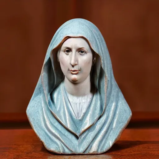 Prompt: holy roman chalkware bust of a crying our lady of sorrows antique painted sacred Catholic pearlescent coloring