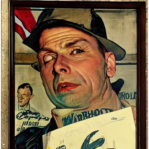 Prompt: Full face portrait of a 1950's leftwing outlaw, by Norman Rockwell.