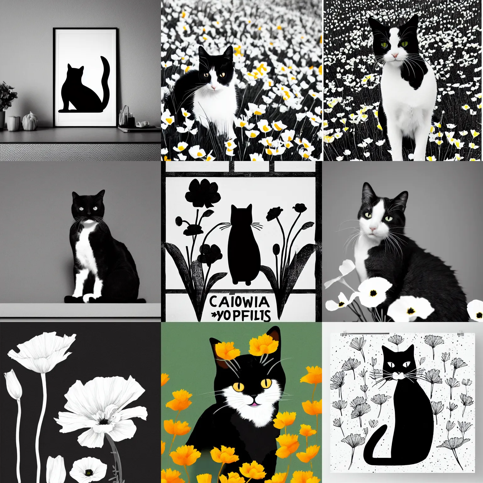 Prompt: black and white minimalist poster of a cat sitting in california poppies