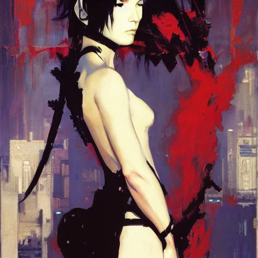 Prompt: ghost in the shell, intricate, elegant, highly detailed, greg manchess, mucha, liepke, ruan jia, jeffrey catherine jones, ridley scott