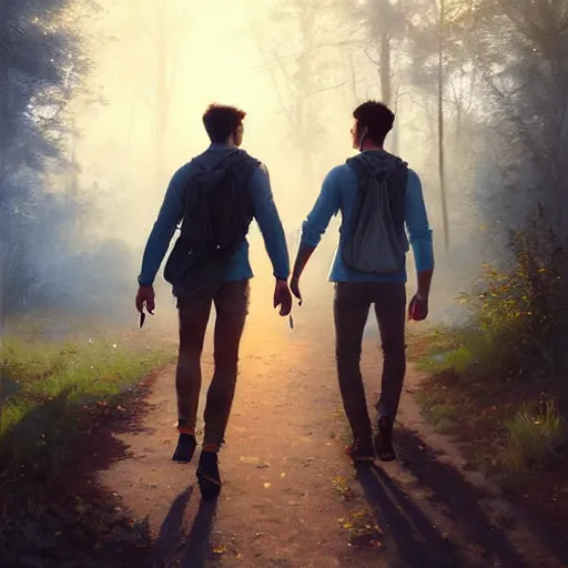 Prompt: 2 handsome masculine men walking together going to a festival | | sunny, dreamlike art, mist, realistic shaded, smile, good looking, fine details, 4 k realistic, cryengine, realistic shaded lighting poster by greg rutkowski, magali villeneuve, artgerm, jeremy lipkin and michael garmash and rob rey