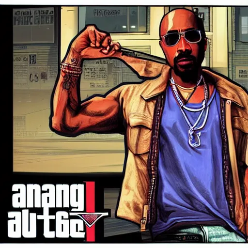 Prompt: 2Pac in GTA V, cover art by Stephen Bliss, no text