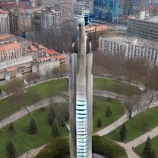 Prompt: aerial view of brutalist monument ( ( ( ( park ) ) ) ) spomenik, ( ( railings ) ), photo, 4 k