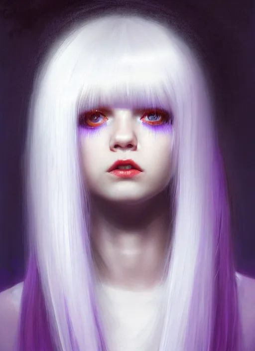 Image similar to hair whitebangs hair, black hair, blackbangswhitehair, portrait of teenage girl with white bangs, red irises, purple clothes, white bangs, bangs are different color from hair, intricate, elegant, glowing lights, highly detailed, digital painting, artstation, concept art, sharp focus, illustration, art by wlop, mars ravelo and greg rutkowski