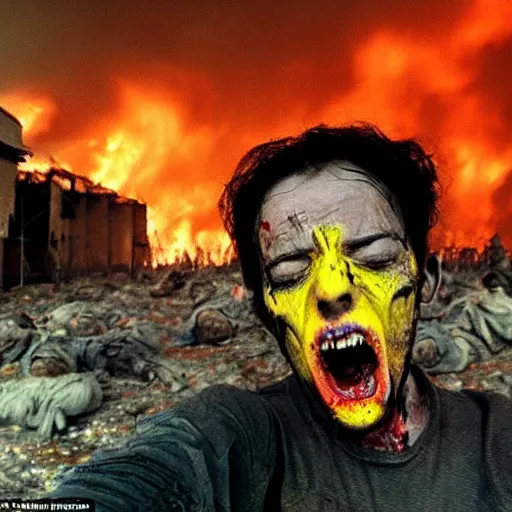 Image similar to selfie of a ukrainian screaming in pain and terrible injuries from a nuclear explosion, everything is on fire and radiation, in the background there are a lot of people like zombies, corpses and skeletons, a large nuclear explosion in the background, people are painted in yellow and blue, all dirty with severed limbs, doomsday