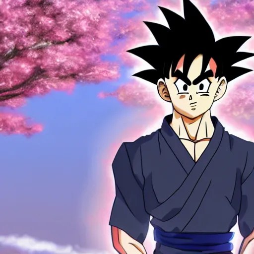 Image similar to highly detailed photo of goku wearing tuxedo standing in front of sakura trees, anime concept art, symmetrical face, with clear eyes highly detailed, 8 k