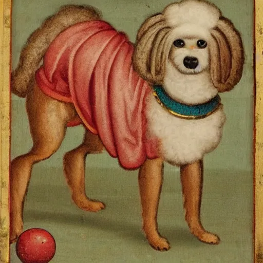 Prompt: bichon frise dog wearing a jester costume while standing on hind legs, medieval painting