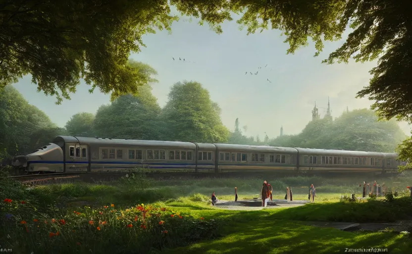 Prompt: exterior shot of utopian train station on in the middle of an english garden with cinematic lighting by peter zumthor and renzo piano, darek zabrocki and greg ruthkowski, simon stalenhag, cinematic, holy place, paradise, scifi, futurism, atmospheric, concept art, artstation, trending on artstation