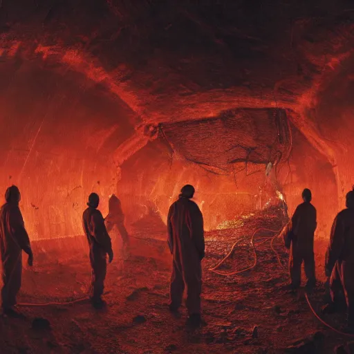 Image similar to wide - shot photo of a group of scientists in hazmat suits, studying a hell open rift portal, by shaun tan, codachrome, hellish, unsettling, otherworldly, smoke, machines, 8 k, hd, highly detailed,